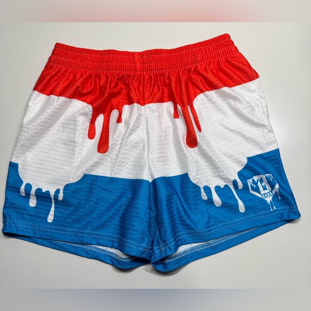 Kids Baseball Lifestyle 101 Drip Design Shorts in Red, White, and Blue